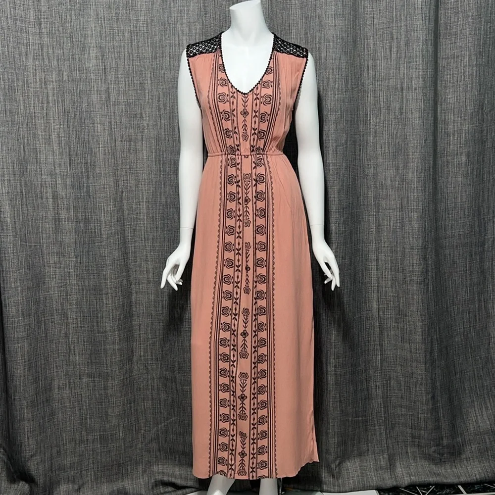 NWT Grayson Boho Pink Black Lace Shoulder Detail Maxi Dress Small - Picture 6 of 14